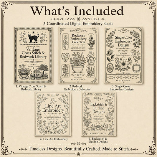 Digital PDF embroidery design bundle cover preview for Monochrome Stitch Language Bundle 4, featuring curated embroidery patterns, motif library references and textile design… - preview 2