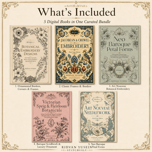 Digital PDF embroidery design bundle cover preview for Ornamental Borders & Baroque Frames Bundle 4, featuring curated embroidery patterns, motif library references and textile… - preview 2