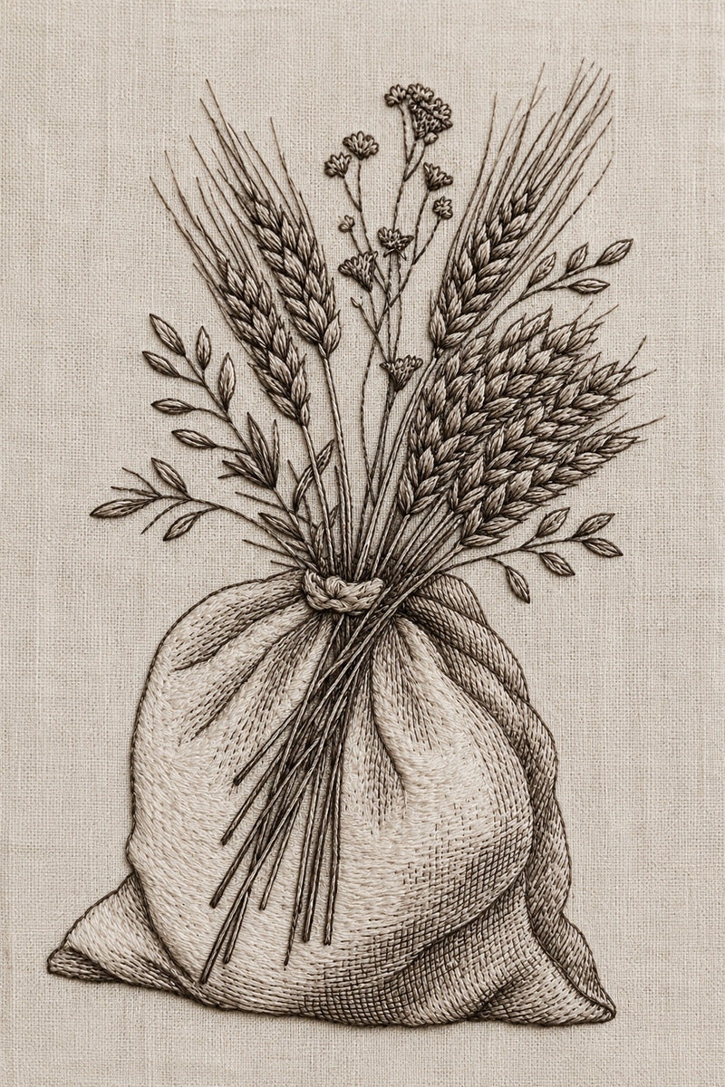 Wheat And Herb Bread Bag Ba from Napkins, Table Runners & Kitchen Linens Book 3, a digital embroidery design reference for machine embroidery designs, embroidery patterns and border and edge embroidery.