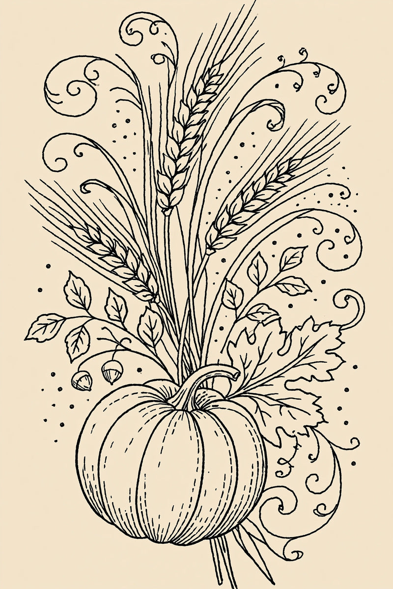 Wheat And Pumpkin Harvest Motif from Halloween & Autumn Embroidery Book 1, a digital embroidery design reference for machine embroidery designs, embroidery patterns and seasonal embroidery motifs.