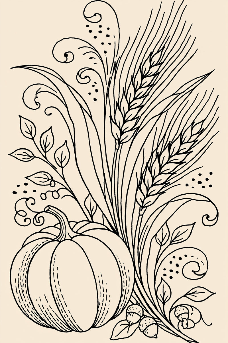 Wheat And Pumpkin Harvest Motif from Halloween & Autumn Embroidery Book 3, a digital embroidery design reference for machine embroidery designs, embroidery patterns and seasonal embroidery motifs.