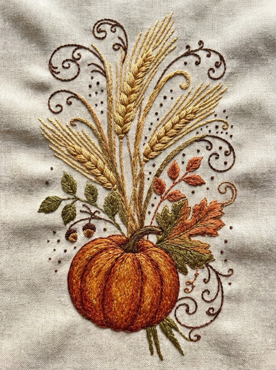 Wheat And Pumpkin Harvest Motif from Halloween & Autumn Embroidery Book 1, a digital embroidery design reference for machine embroidery designs, embroidery patterns and seasonal embroidery motifs.