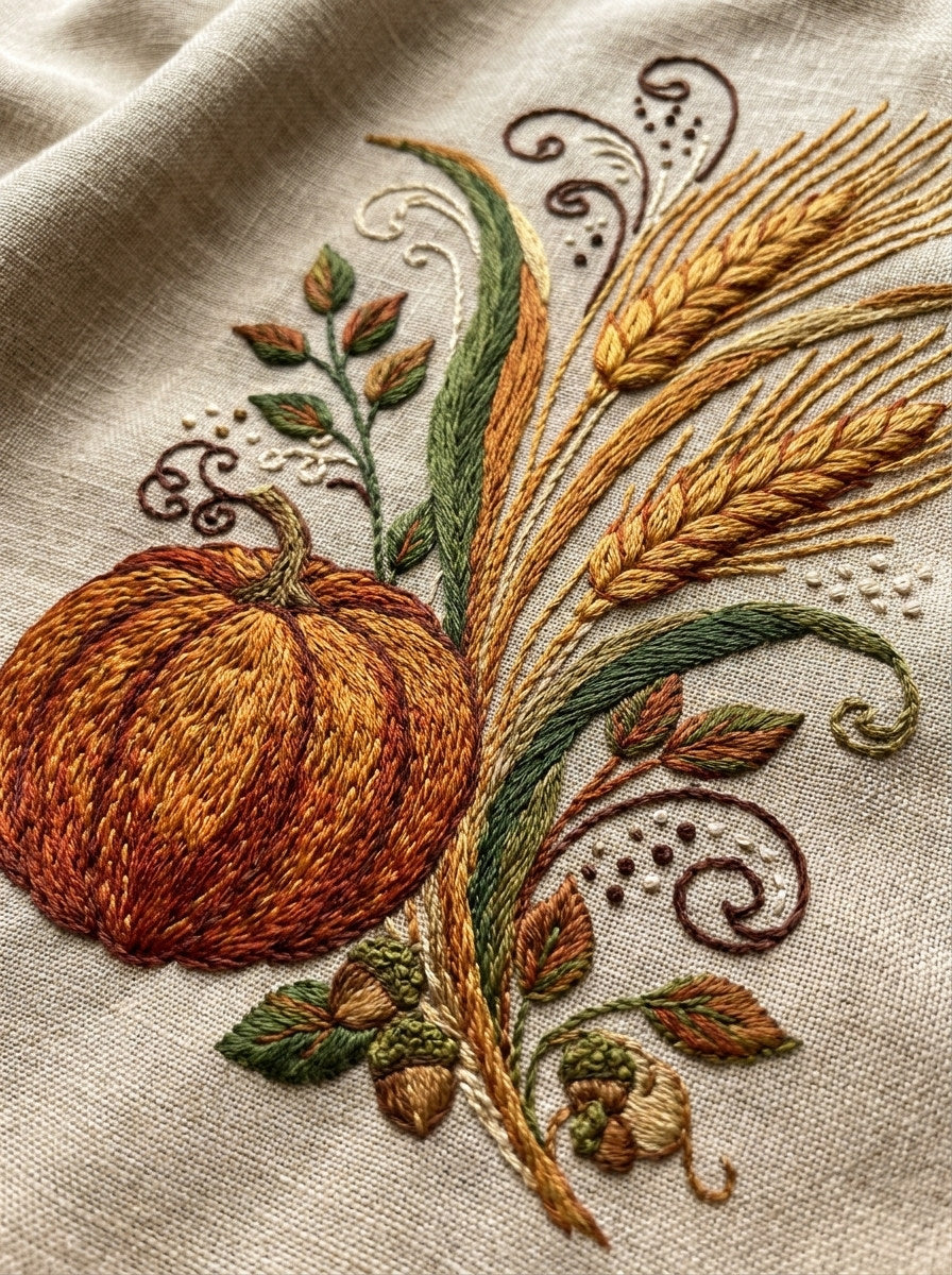 Wheat And Pumpkin Harvest Motif from Halloween & Autumn Embroidery Book 3, a digital embroidery design reference for machine embroidery designs, embroidery patterns and seasonal embroidery motifs.