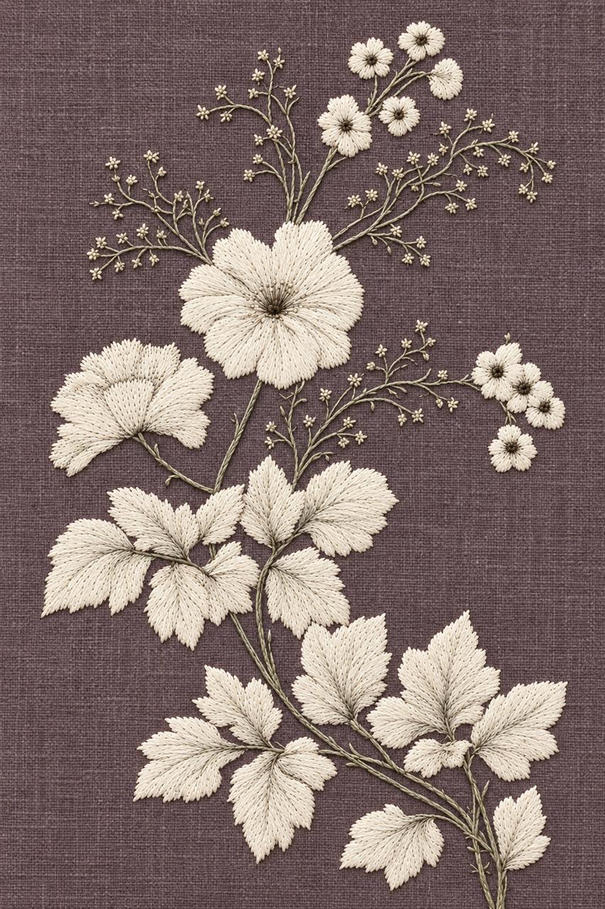 Digital embroidery visualization of an ivory floral and leaf panel on smoky plum linen.