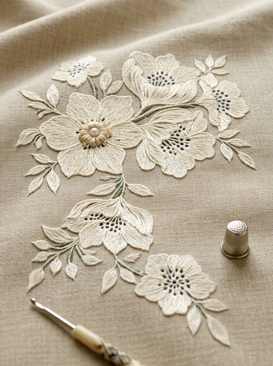 Whitework Cutwork Corner French Embroidery from French Embroidery & La Broderie Blanche Book 3, a digital embroidery design reference for machine embroidery designs, embroidery patterns and corner embroidery.