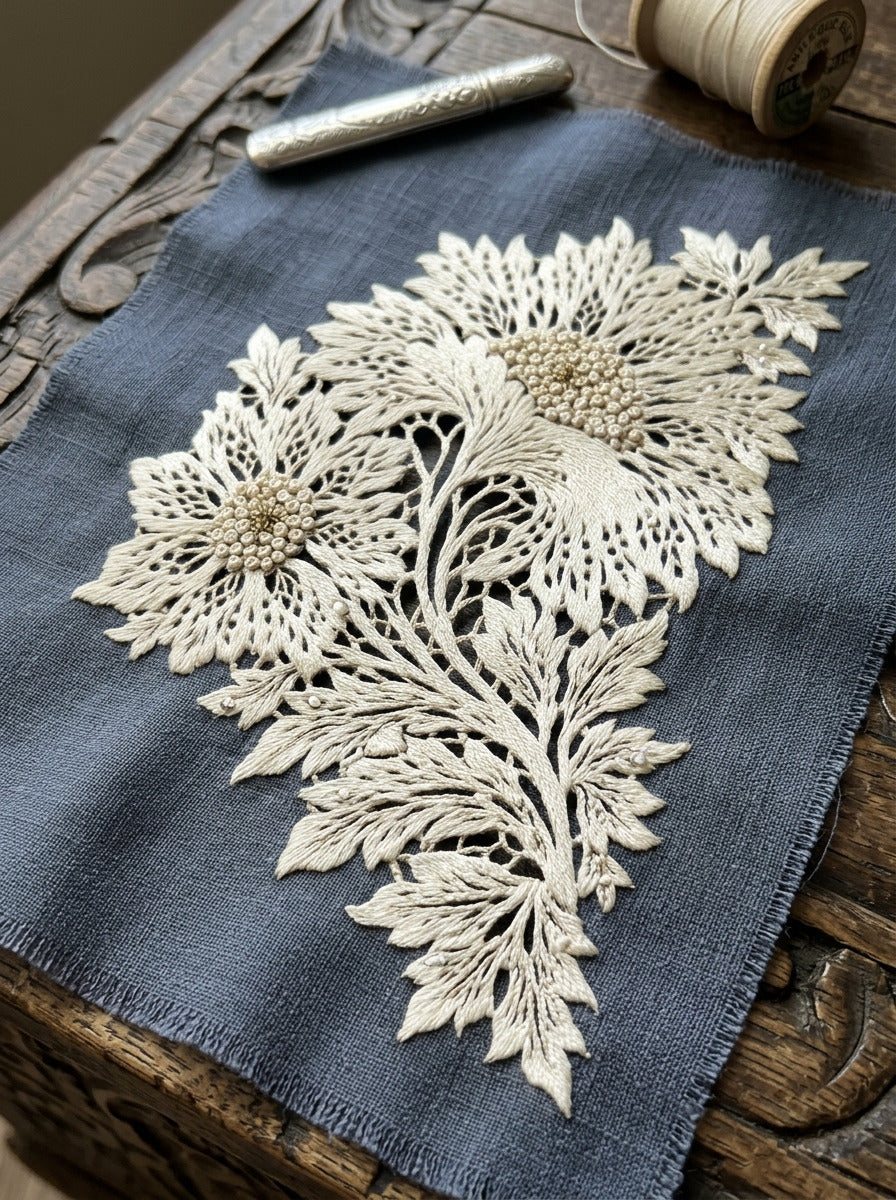 Whitework Cutwork Corner French Embroidery from French Embroidery & La Broderie Blanche Book 5, a digital embroidery design reference for machine embroidery designs, embroidery patterns and corner embroidery.