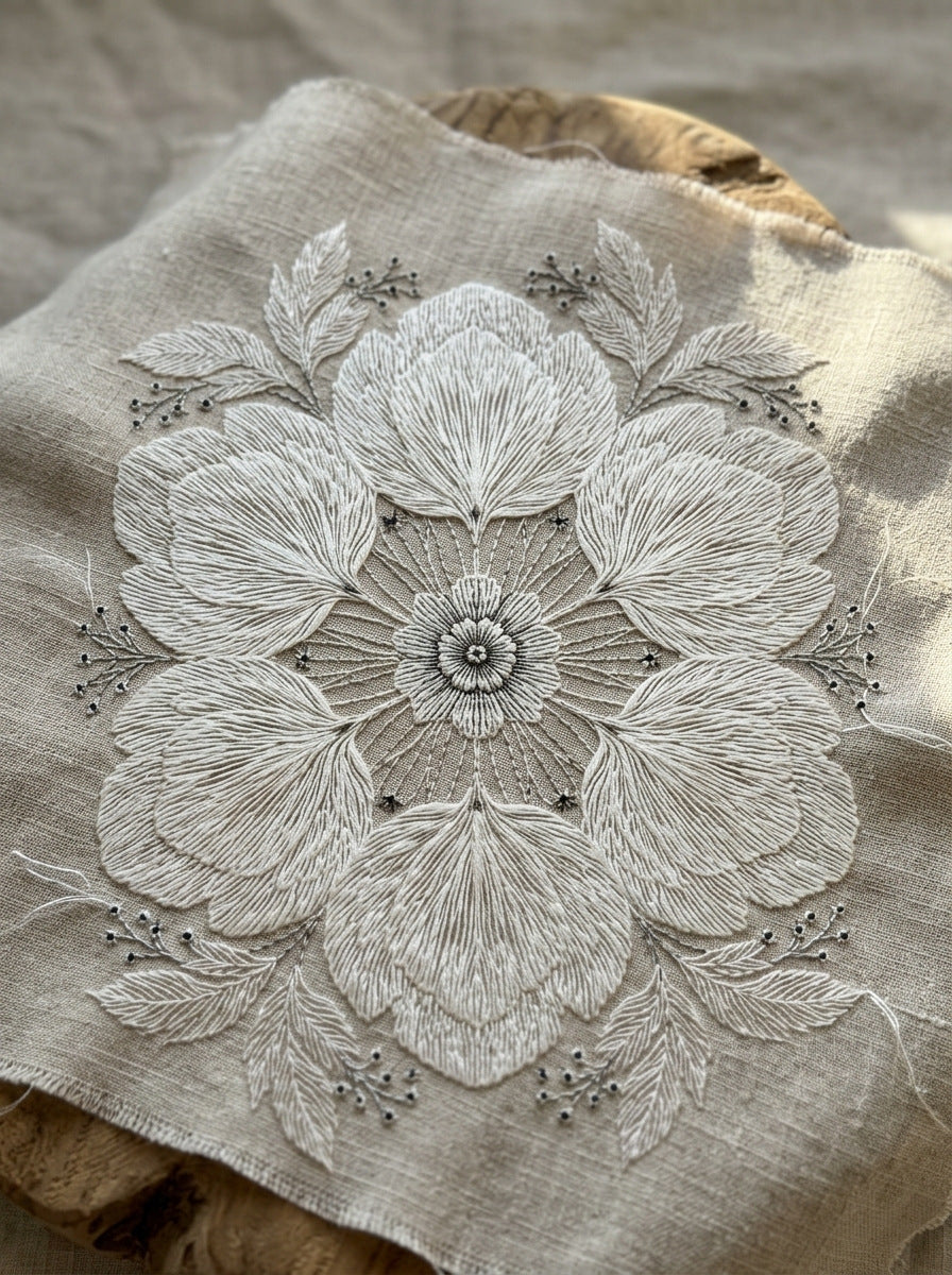 Whitework Floral Medallion French Embroidery from French Embroidery & La Broderie Blanche Book 7, a digital embroidery design reference for machine embroidery designs, embroidery patterns and lace and broderie details.