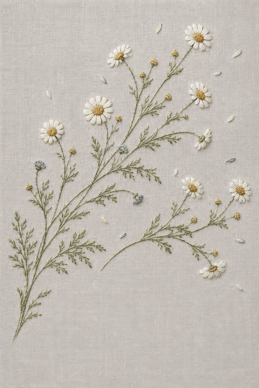 Illustrative embroidery design: White chamomile heads, golden centres and fine olive foliage spread across the linen in a loose drift.