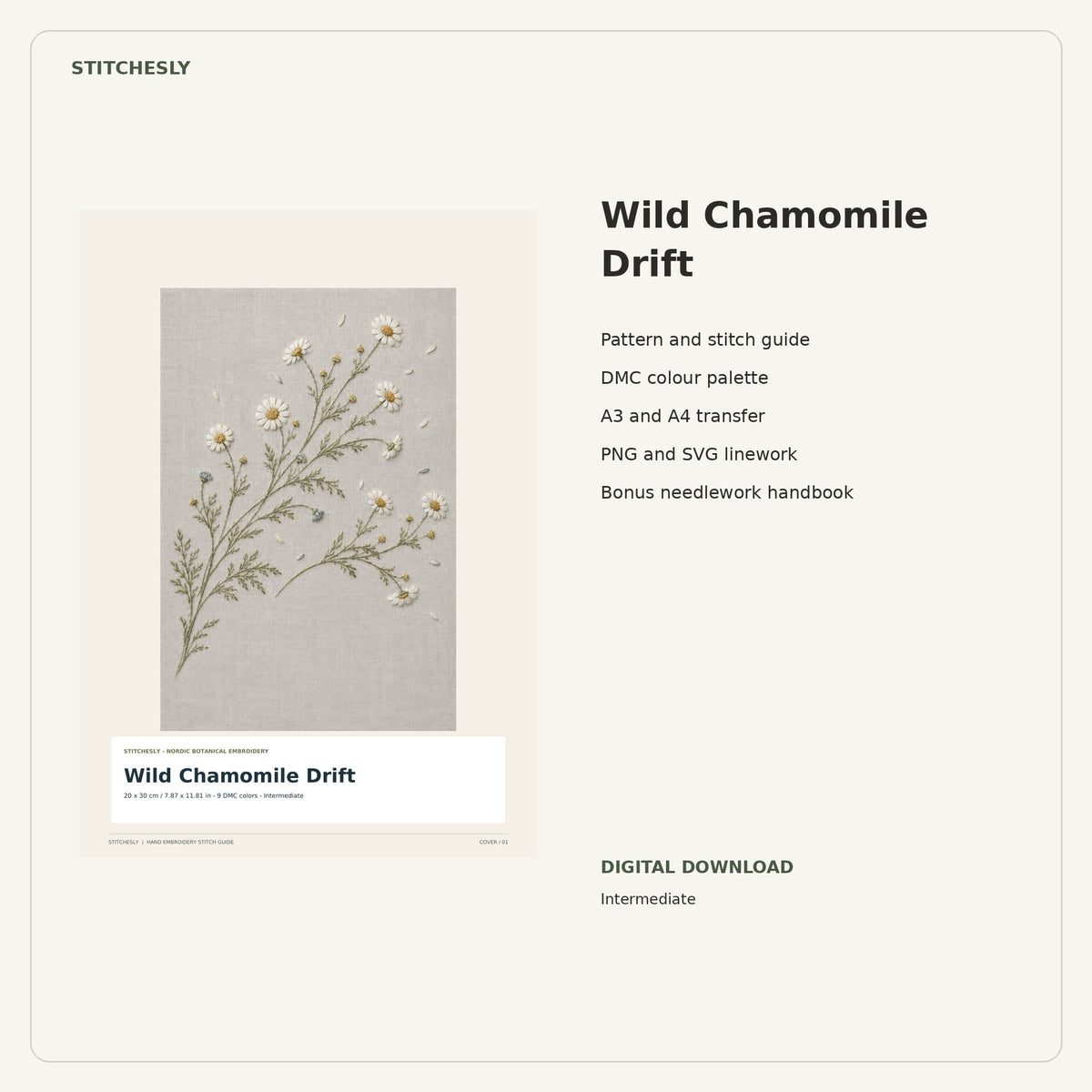 Wild Chamomile Drift PDF stitch guide cover, pattern files and bonus needlework handbook.