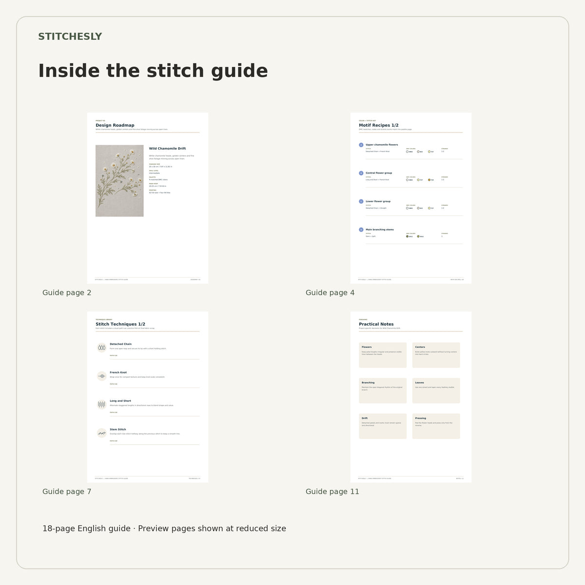 Four reduced-size preview pages from the 18-page Wild Chamomile Drift stitch guide.