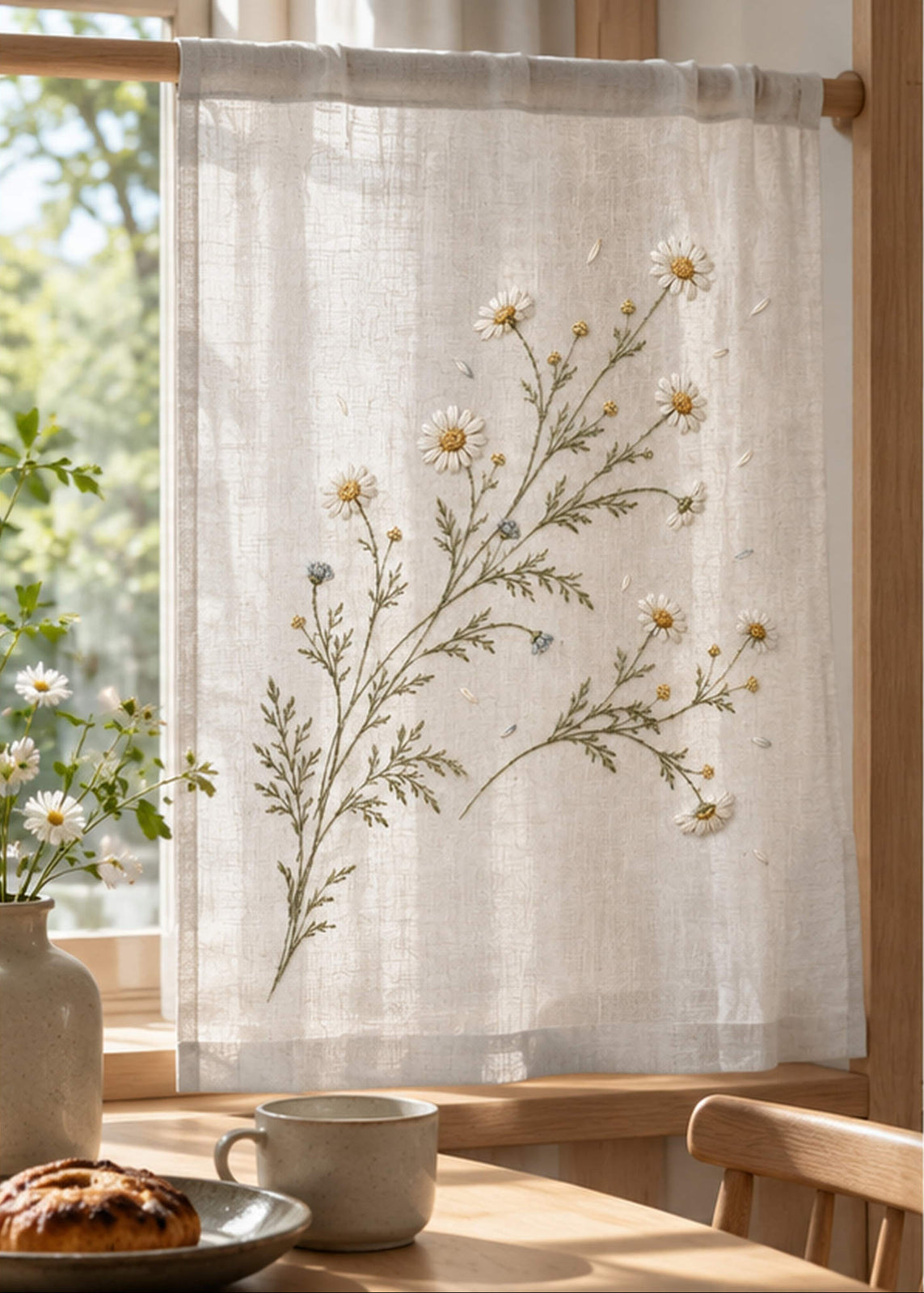 Hanging linen panel mockup featuring the Wild Chamomile Drift hand embroidery design. White chamomile heads, golden centres and fine olive foliage spread across the linen in a loose drift.