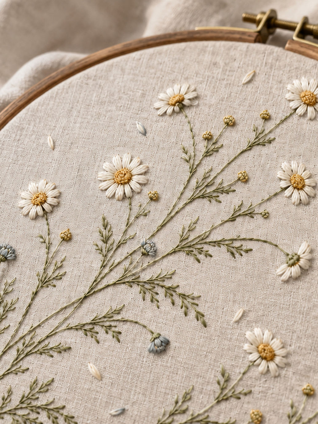 Close view of chamomile embroidery mockup featuring the Wild Chamomile Drift hand embroidery design. White chamomile heads, golden centres and fine olive foliage spread across the linen in a loose drift.