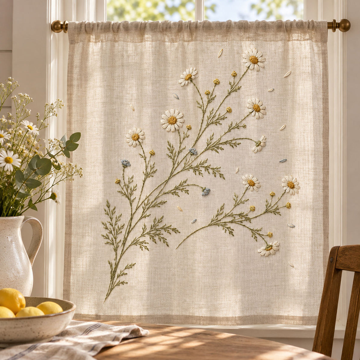 Hanging floral linen mockup featuring the Wild Chamomile Drift hand embroidery design. White chamomile heads, golden centres and fine olive foliage spread across the linen in a loose drift.