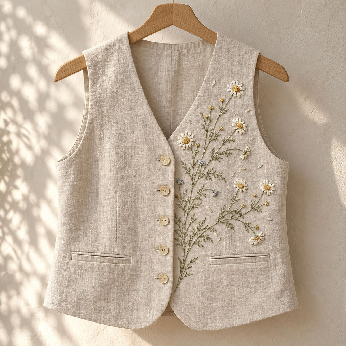 Linen vest mockup featuring the Wild Chamomile Drift hand embroidery design. White chamomile heads, golden centres and fine olive foliage spread across the linen in a loose drift.