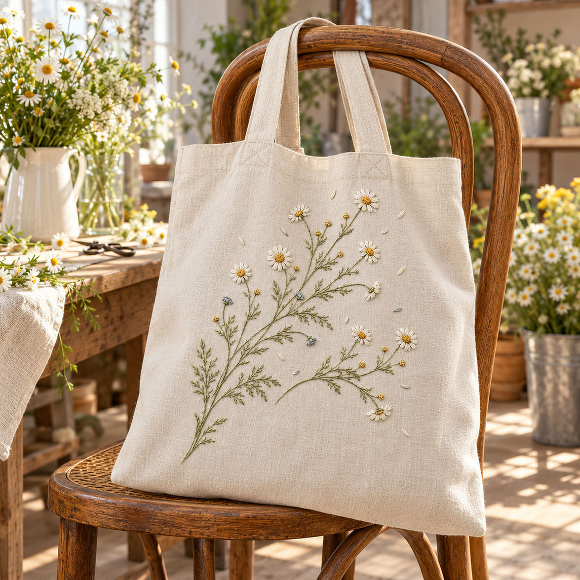Linen tote bag mockup featuring the Wild Chamomile Drift hand embroidery design. White chamomile heads, golden centres and fine olive foliage spread across the linen in a loose drift.