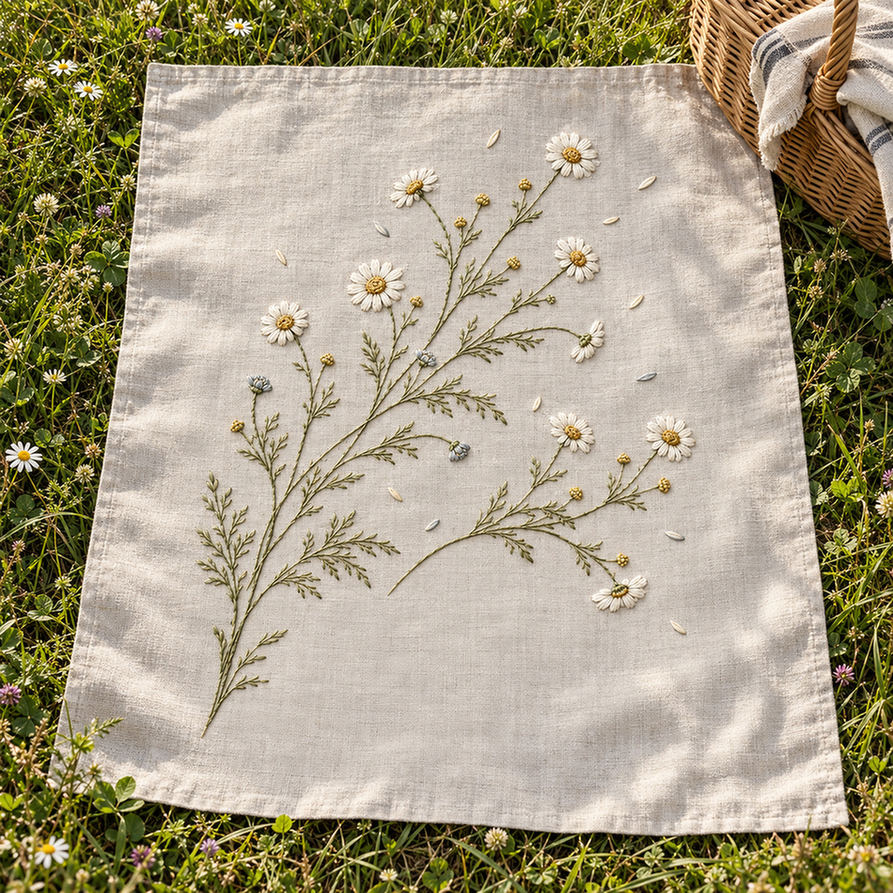 Linen cloth laid flat mockup featuring the Wild Chamomile Drift hand embroidery design. White chamomile heads, golden centres and fine olive foliage spread across the linen in a loose drift.