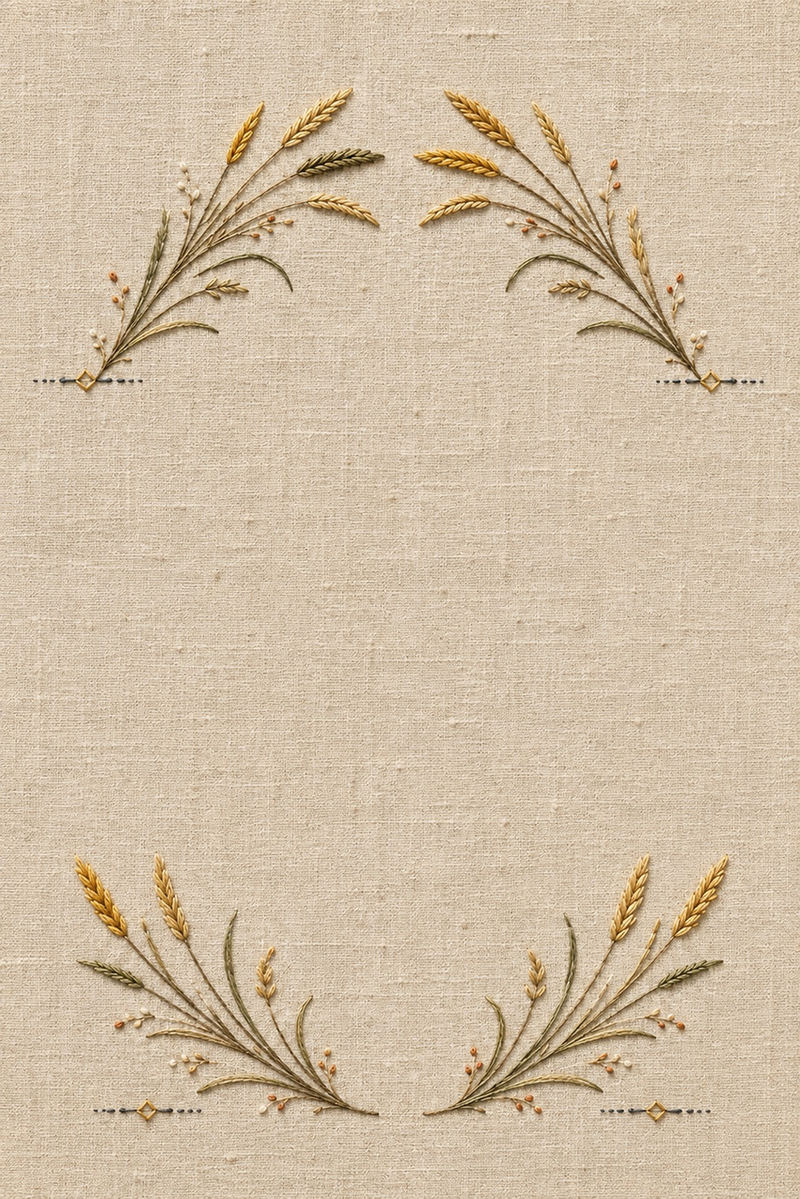 Illustrative embroidery design: Wild-rye sprays form paired runner-end placements with golden grain heads and small ground marks.