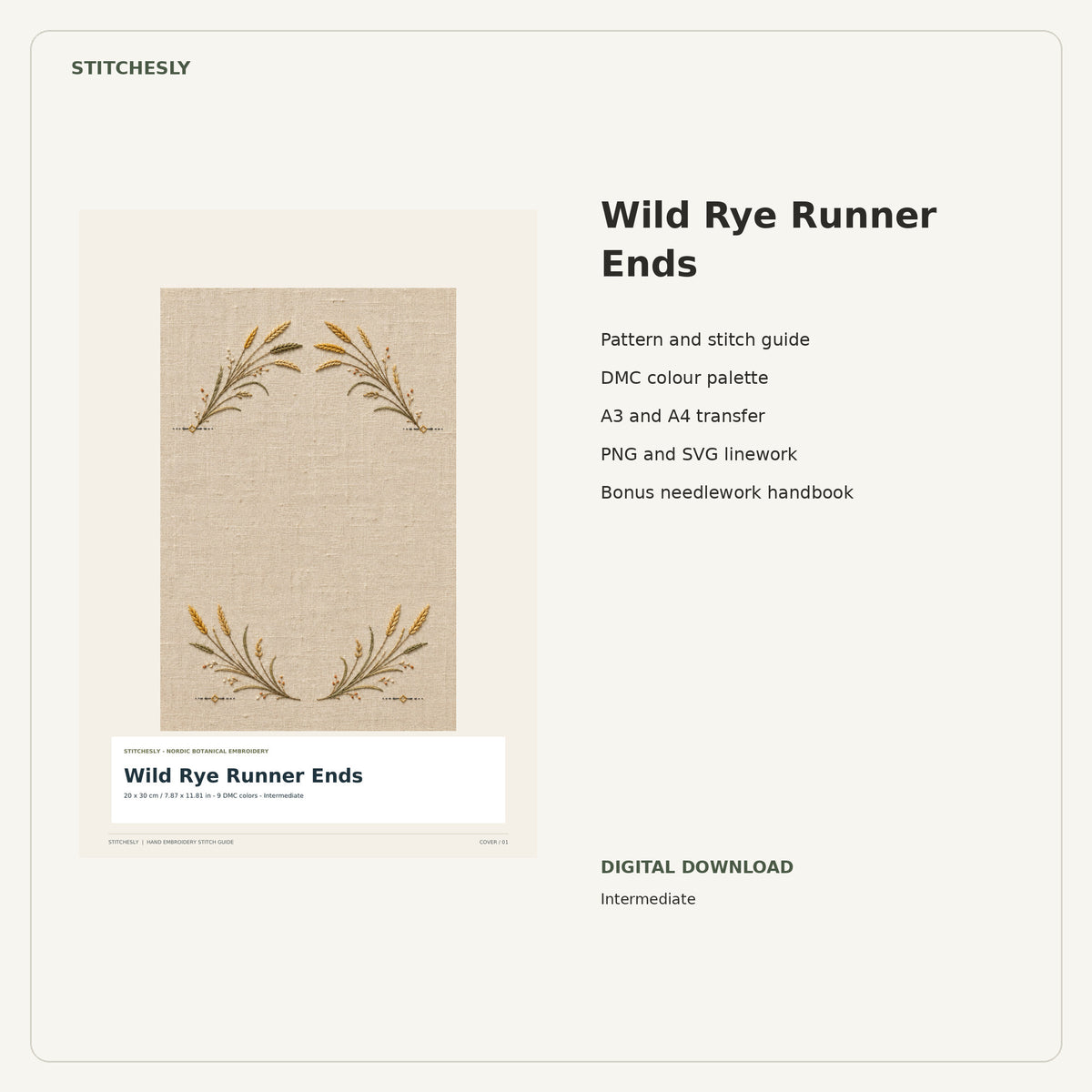 Wild Rye Runner Ends PDF stitch guide cover, pattern files and bonus needlework handbook.