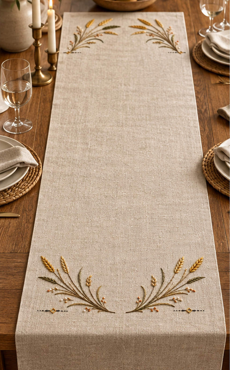 Linen table runner mockup featuring the Wild Rye Runner Ends hand embroidery design. Wild-rye sprays form paired runner-end placements with golden grain heads and small ground marks.