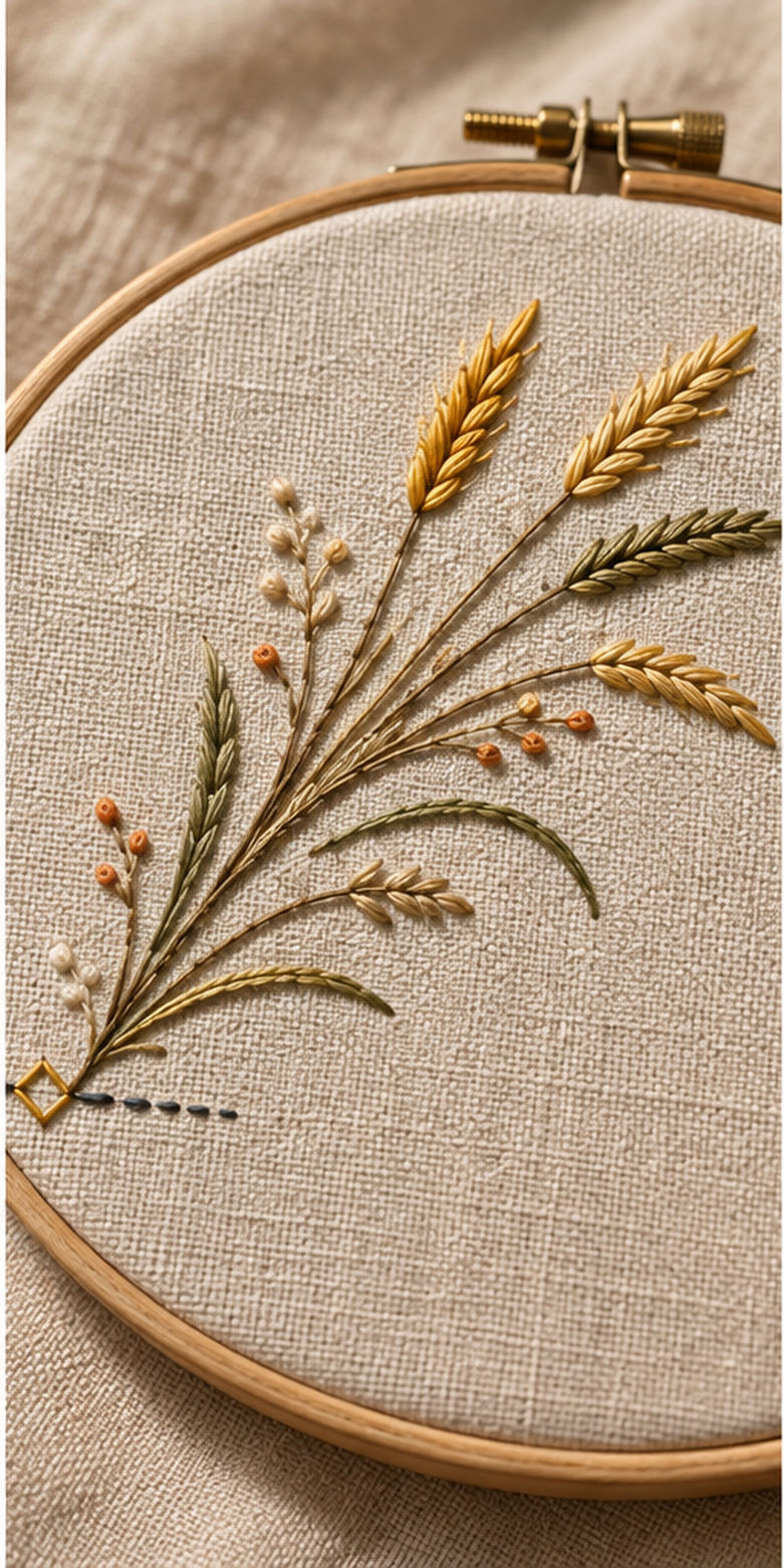 Embroidery hoop close view mockup featuring the Wild Rye Runner Ends hand embroidery design. Wild-rye sprays form paired runner-end placements with golden grain heads and small ground marks.