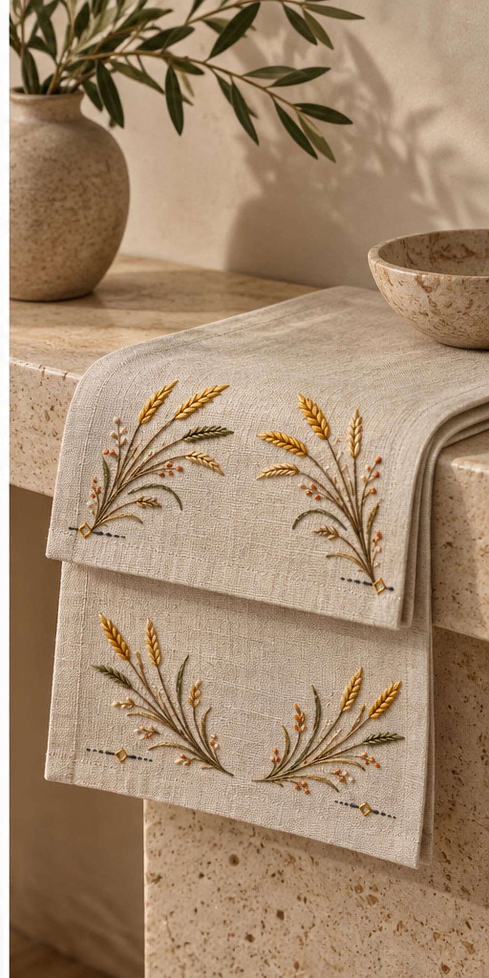 Linen textile laid flat mockup featuring the Wild Rye Runner Ends hand embroidery design. Wild-rye sprays form paired runner-end placements with golden grain heads and small ground marks.