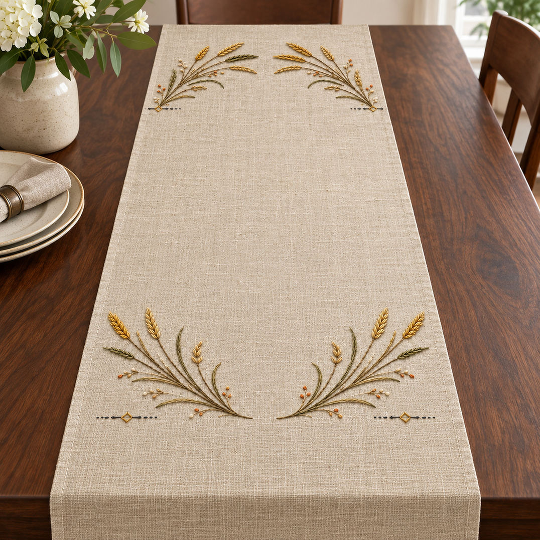 Linen table runner mockup featuring the Wild Rye Runner Ends hand embroidery design. Wild-rye sprays form paired runner-end placements with golden grain heads and small ground marks.