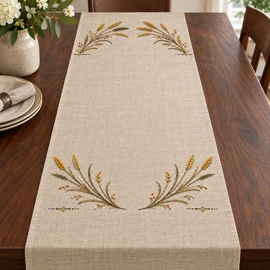 Linen table runner mockup featuring the Wild Rye Runner Ends hand embroidery design. Wild-rye sprays form paired runner-end placements with golden grain heads and small ground marks.