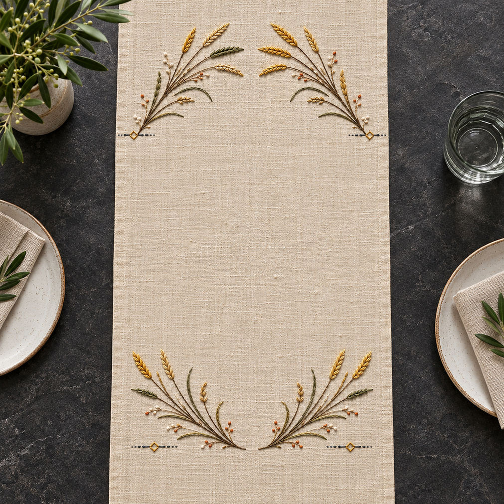 Linen table runner close view mockup featuring the Wild Rye Runner Ends hand embroidery design. Wild-rye sprays form paired runner-end placements with golden grain heads and small ground marks.