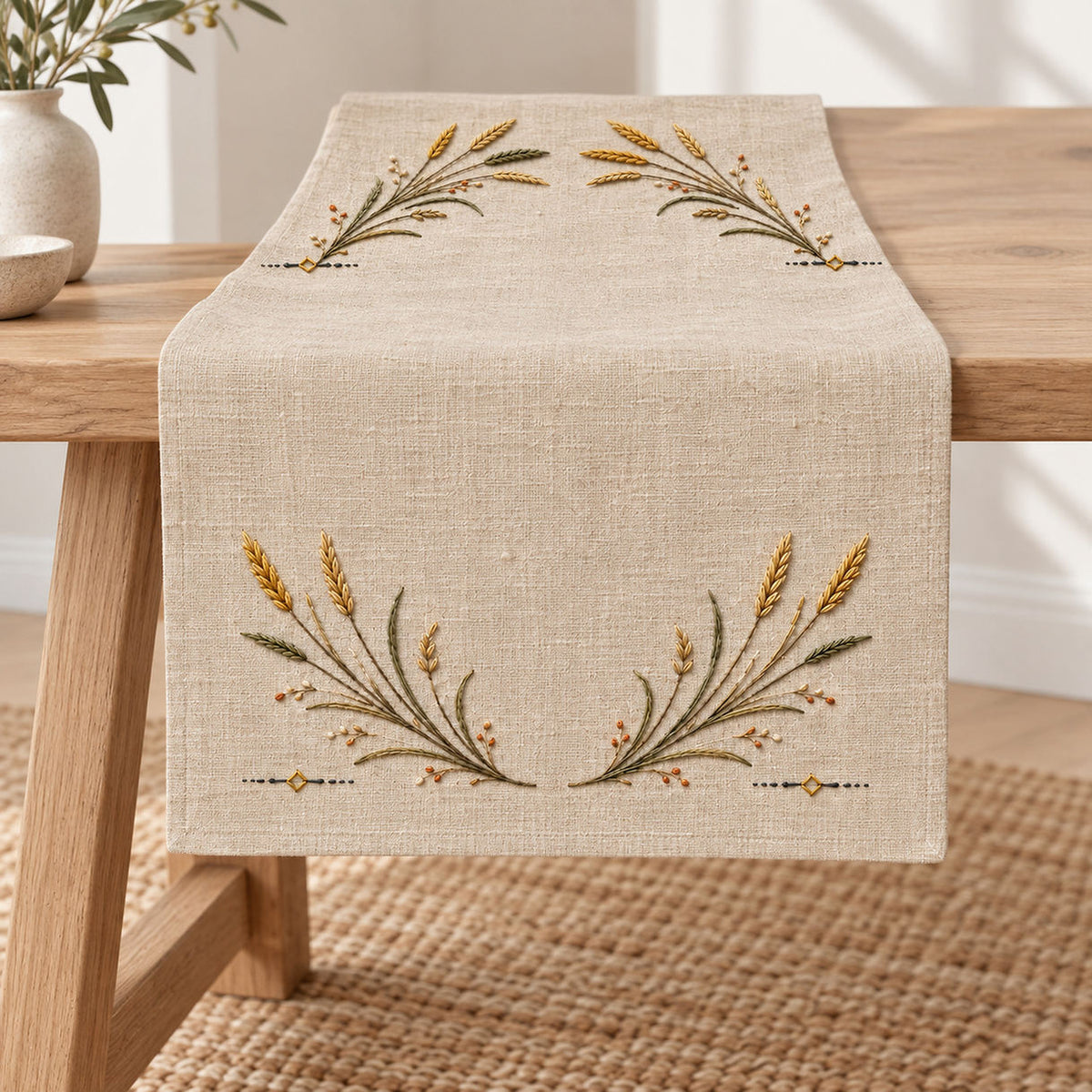 Linen laid flat mockup featuring the Wild Rye Runner Ends hand embroidery design. Wild-rye sprays form paired runner-end placements with golden grain heads and small ground marks.