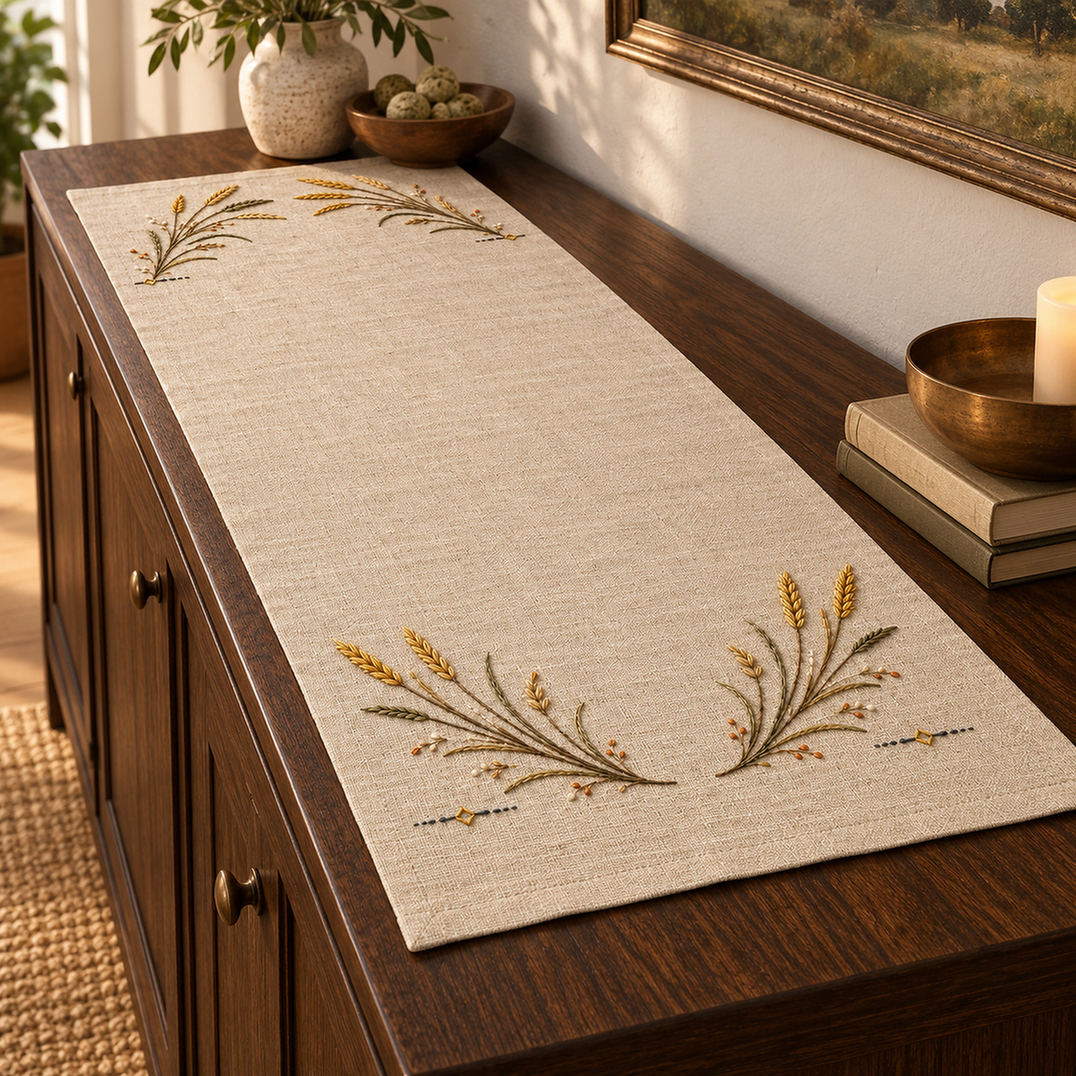 Linen table runner mockup featuring the Wild Rye Runner Ends hand embroidery design. Wild-rye sprays form paired runner-end placements with golden grain heads and small ground marks.