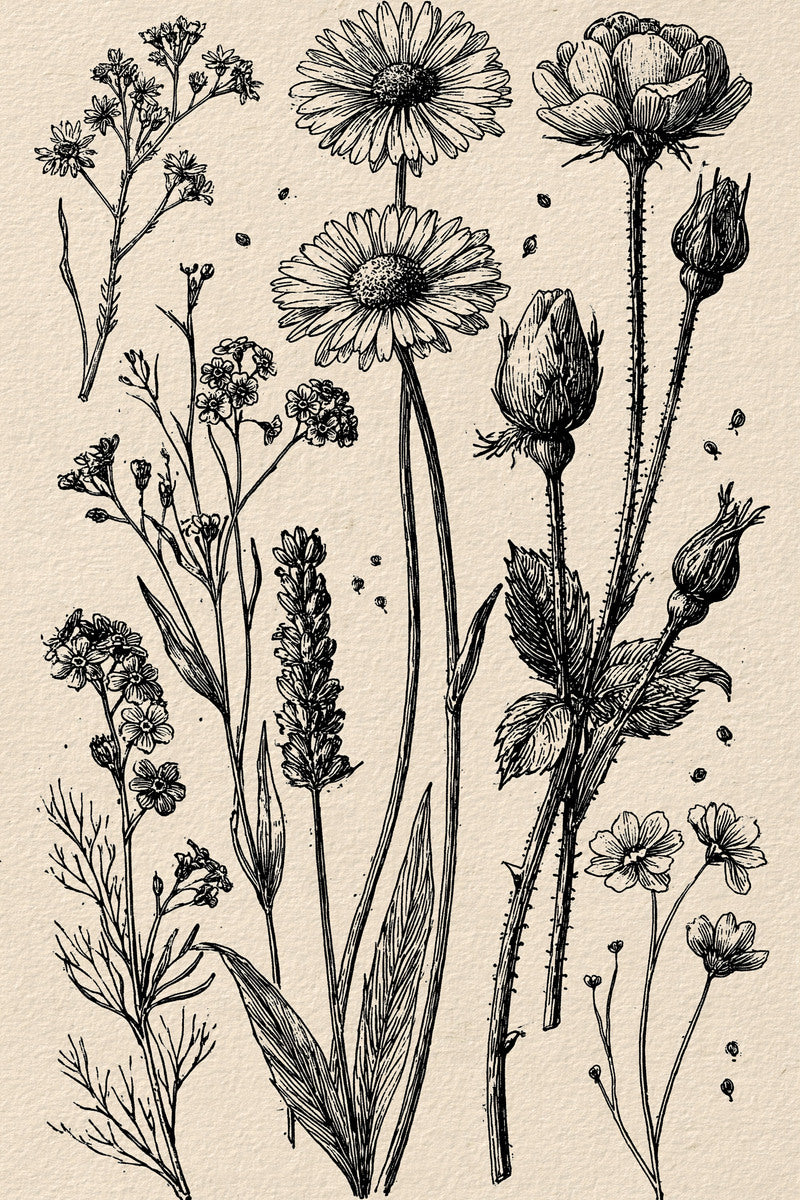 Wildflower Daisy And Rosebud Sprig from Botanical Sprig Library Book 2, a digital embroidery design reference for machine embroidery designs, embroidery patterns and small motif and accent designs.
