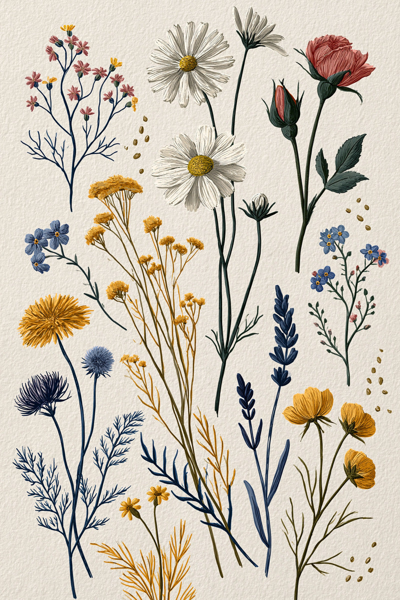 Wildflower Daisy And Rosebud Sprig from Botanical Sprig Library Book 4, a digital embroidery design reference for machine embroidery designs, embroidery patterns and small motif and accent designs.