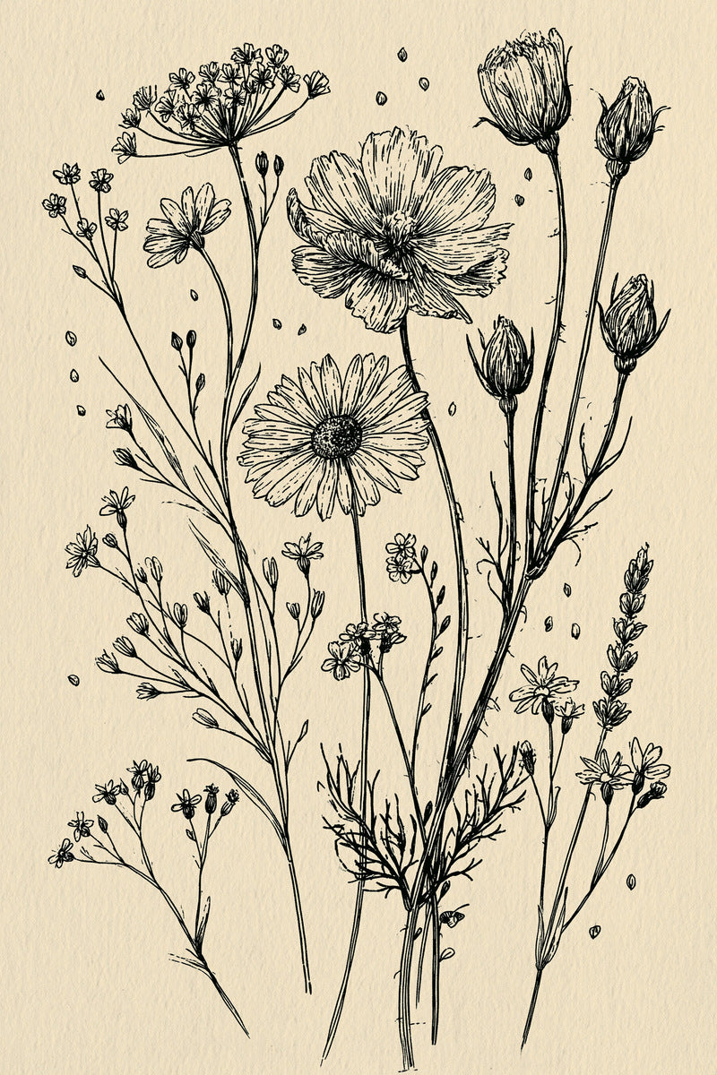 Wildflower Daisy And Rosebud Sprig from Botanical Sprig Library Book 5, a digital embroidery design reference for machine embroidery designs, embroidery patterns and small motif and accent designs.