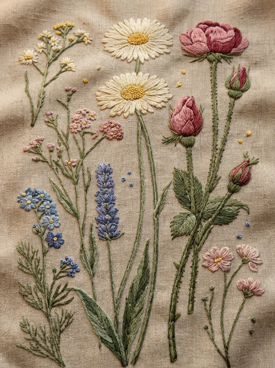 Wildflower Daisy And Rosebud Sprig from Botanical Sprig Library Book 2, a digital embroidery design reference for machine embroidery designs, embroidery patterns and small motif and accent designs.