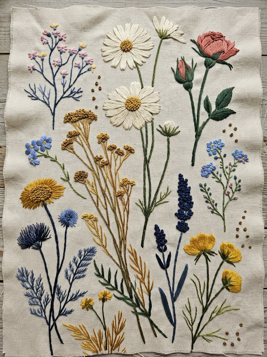 Wildflower Daisy And Rosebud Sprig from Botanical Sprig Library Book 4, a digital embroidery design reference for machine embroidery designs, embroidery patterns and small motif and accent designs.
