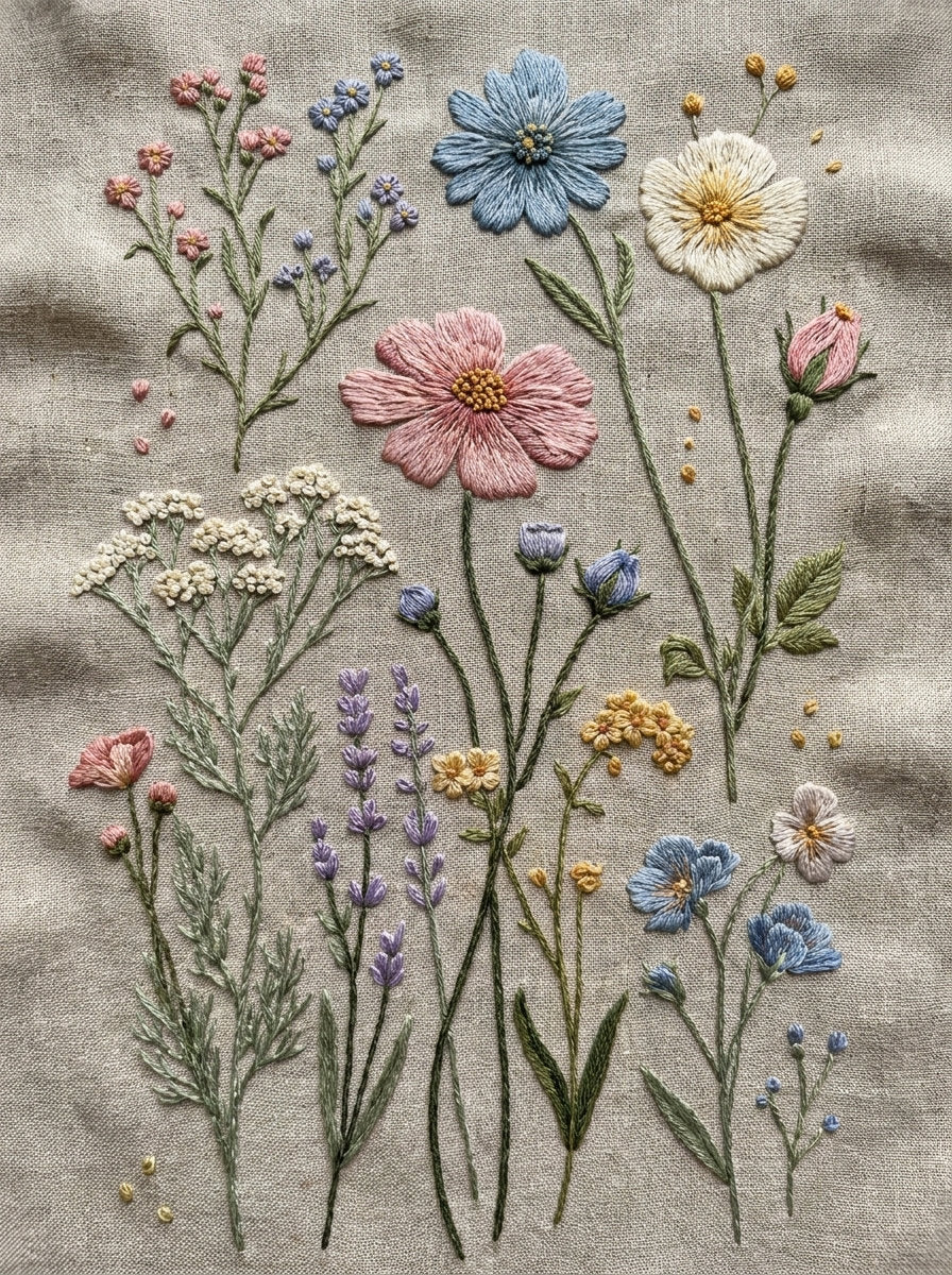 Wildflower Daisy And Rosebud Sprig from Botanical Sprig Library Book 9, a digital embroidery design reference for machine embroidery designs, embroidery patterns and small motif and accent designs.