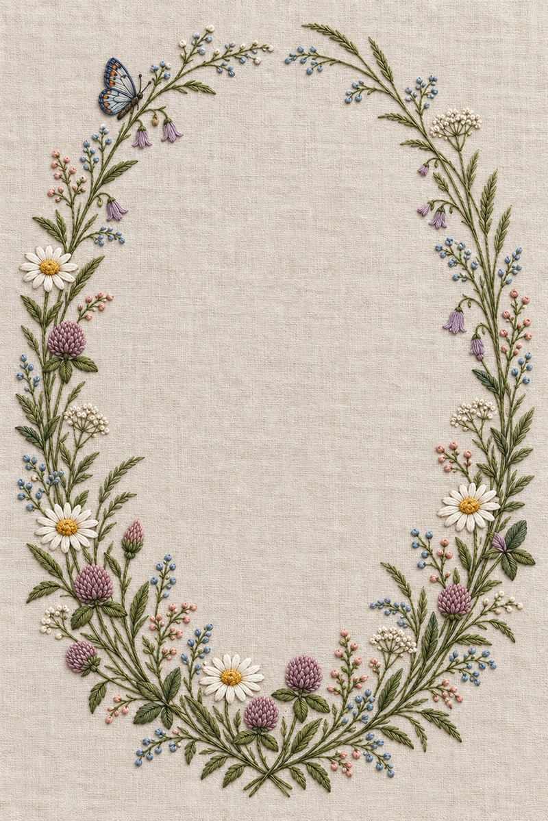 Illustrative embroidery design: Daisies, bells, clover and grasses trace a long oval around clear linen.