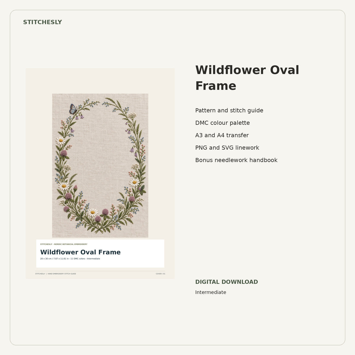 Wildflower Oval Frame PDF stitch guide cover, pattern files and bonus needlework handbook.