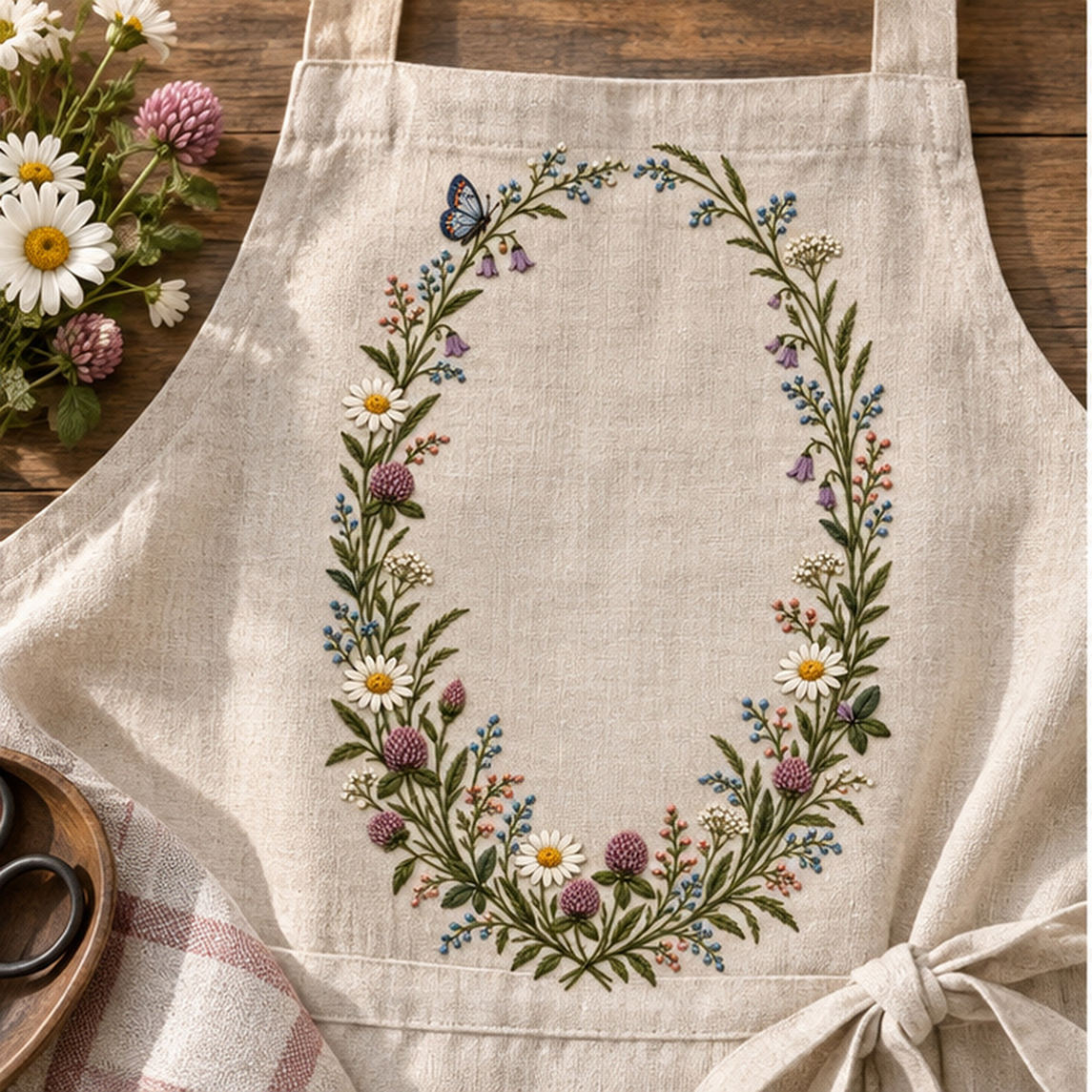 Linen tote bag mockup featuring the Wildflower Oval Frame hand embroidery design. Daisies, bells, clover and grasses trace a long oval around clear linen.