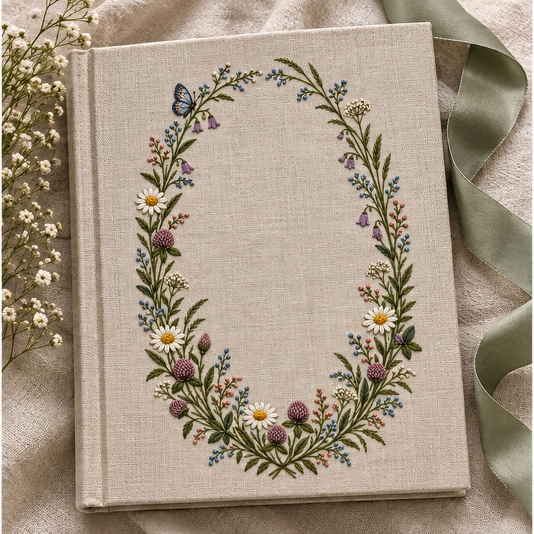 Floral textile flat lay mockup featuring the Wildflower Oval Frame hand embroidery design. Daisies, bells, clover and grasses trace a long oval around clear linen.