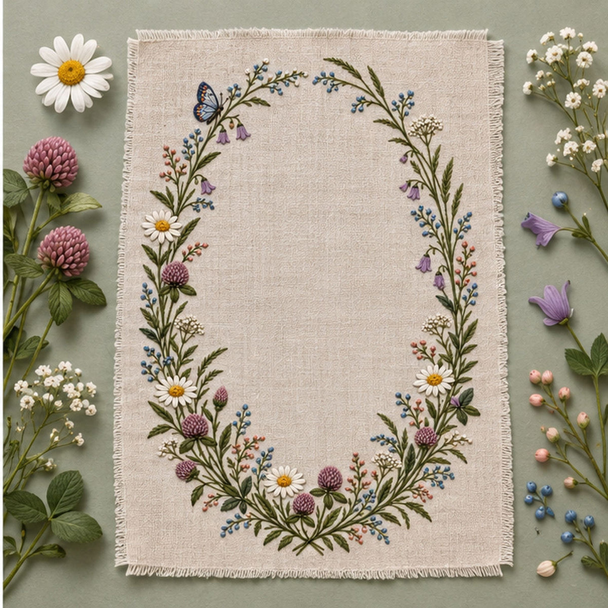 Hanging linen wreath mockup featuring the Wildflower Oval Frame hand embroidery design. Daisies, bells, clover and grasses trace a long oval around clear linen.
