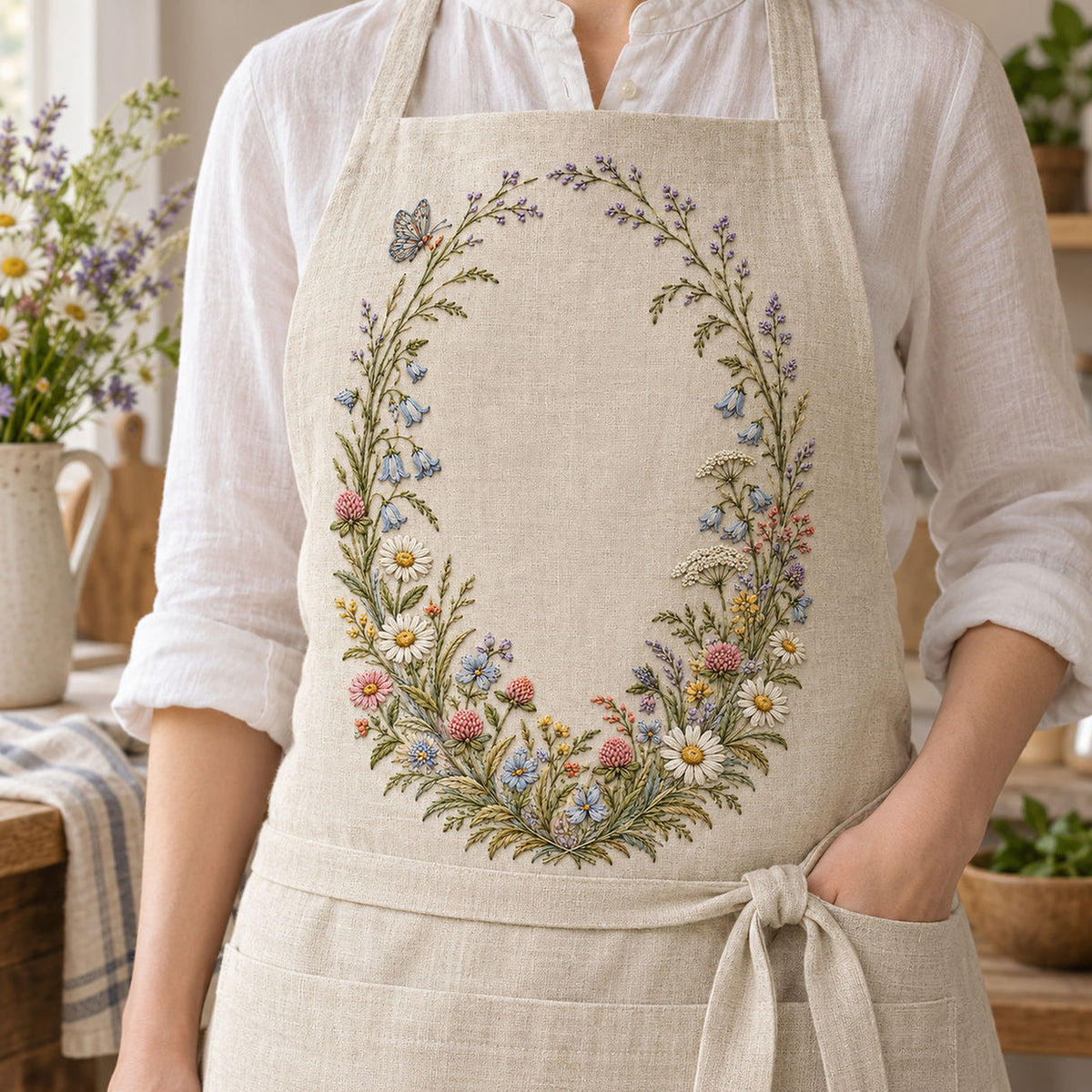 Linen apron mockup featuring the Wildflower Oval Frame hand embroidery design. Daisies, bells, clover and grasses trace a long oval around clear linen.