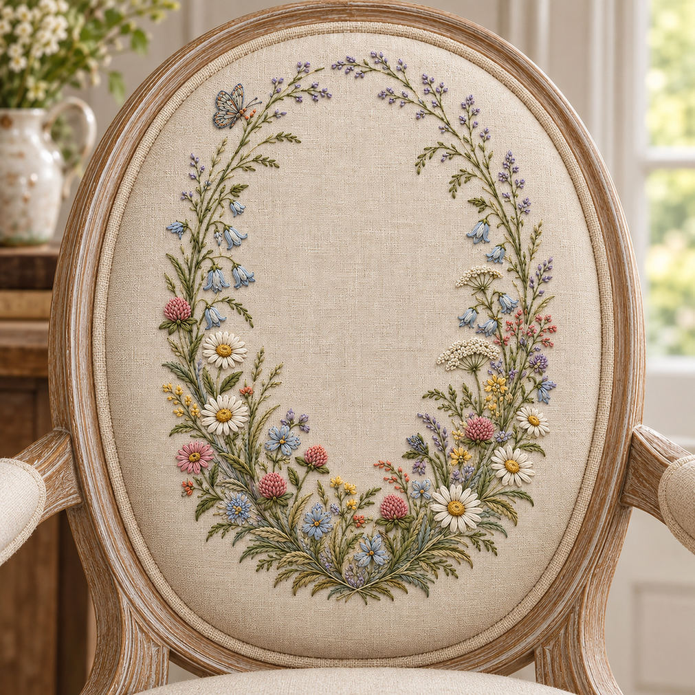 Round linen cushion mockup featuring the Wildflower Oval Frame hand embroidery design. Daisies, bells, clover and grasses trace a long oval around clear linen.