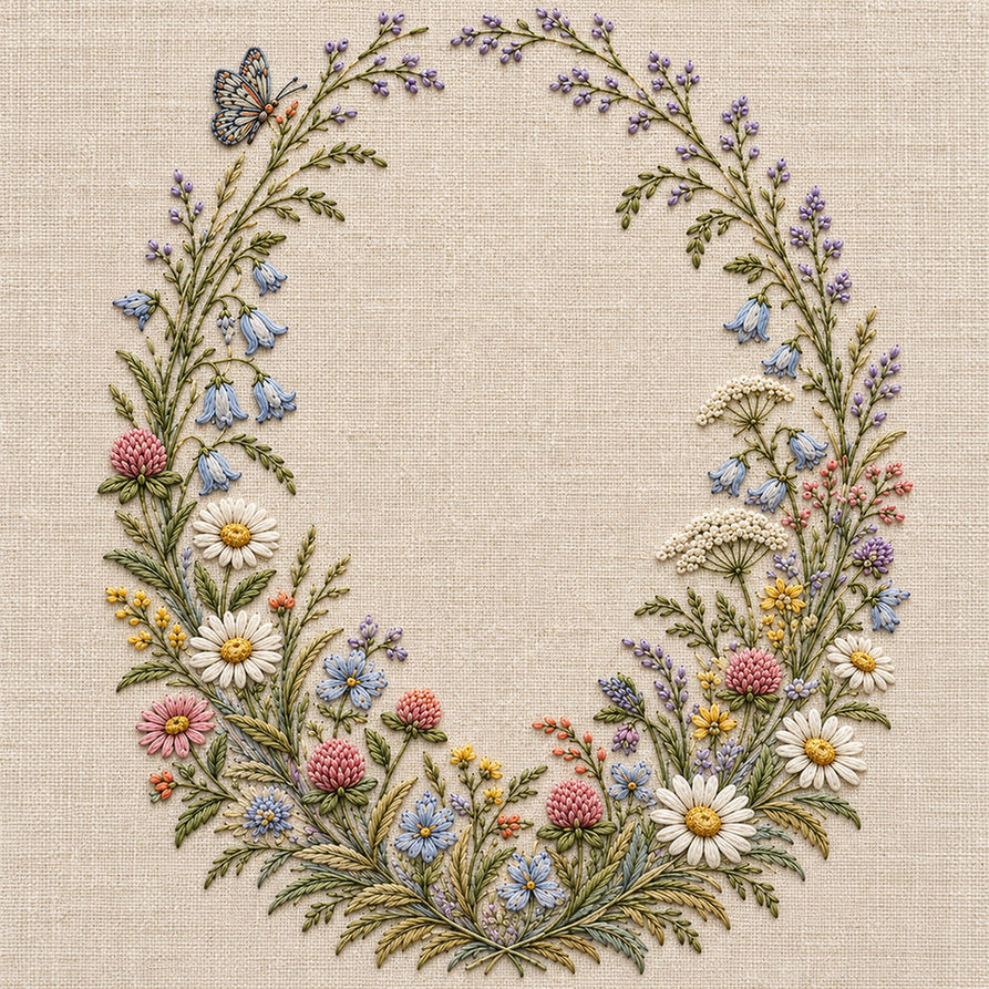 Embroidery hoop mockup featuring the Wildflower Oval Frame hand embroidery design. Daisies, bells, clover and grasses trace a long oval around clear linen.