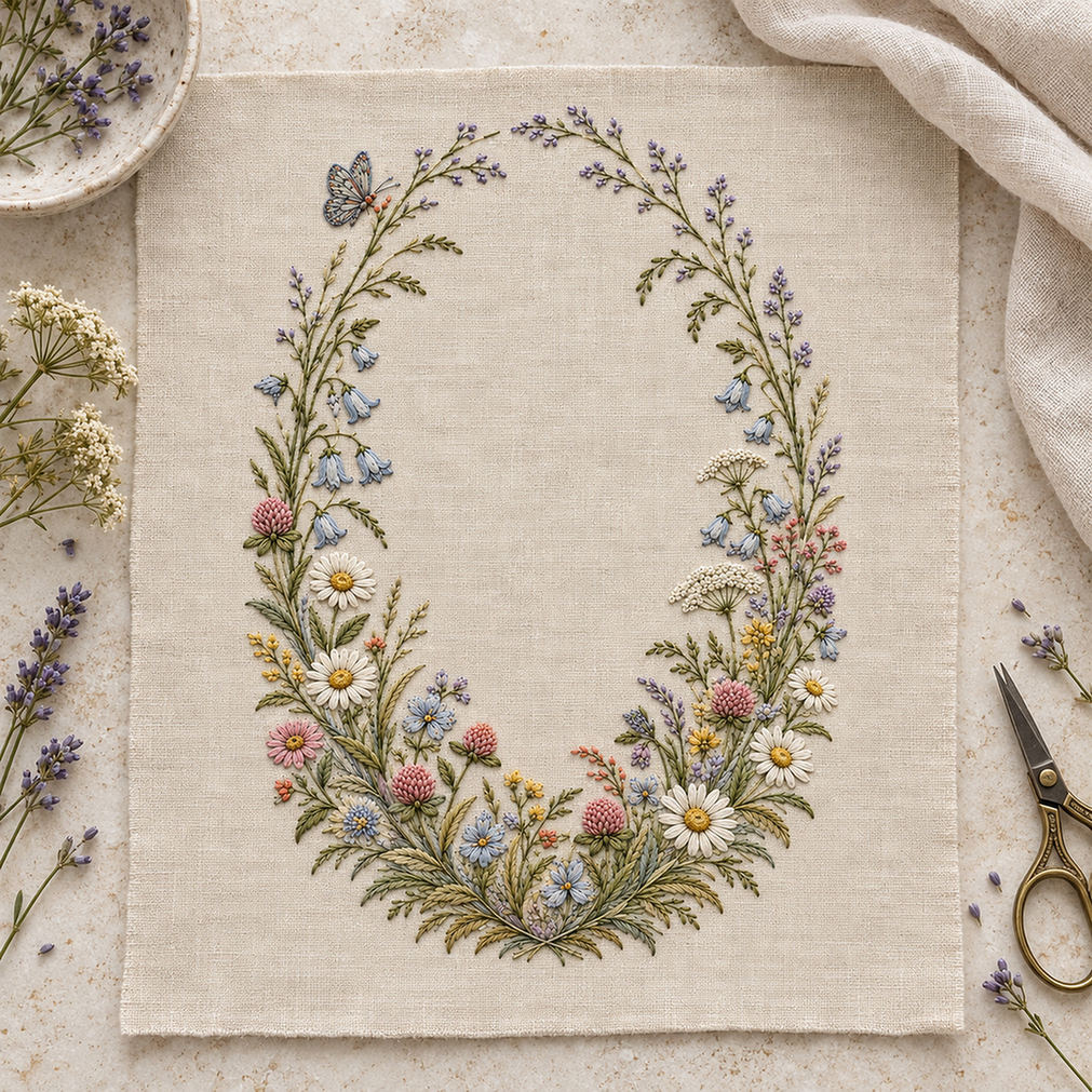 Close view of the oval floral frame mockup featuring the Wildflower Oval Frame hand embroidery design. Daisies, bells, clover and grasses trace a long oval around clear linen.