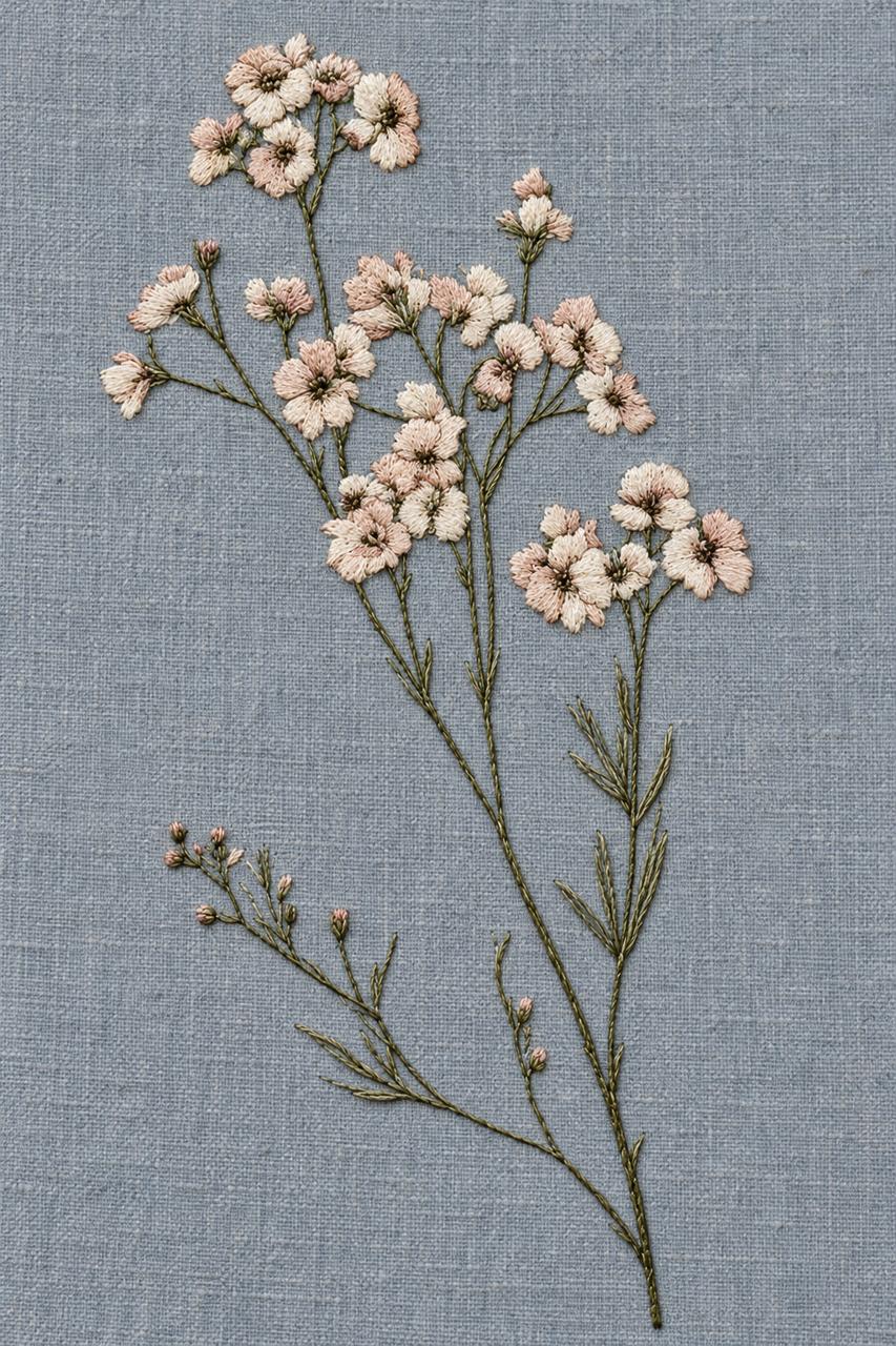 Digital embroidery visualization of airy blush and ivory wildflower branches on smoky blue linen.