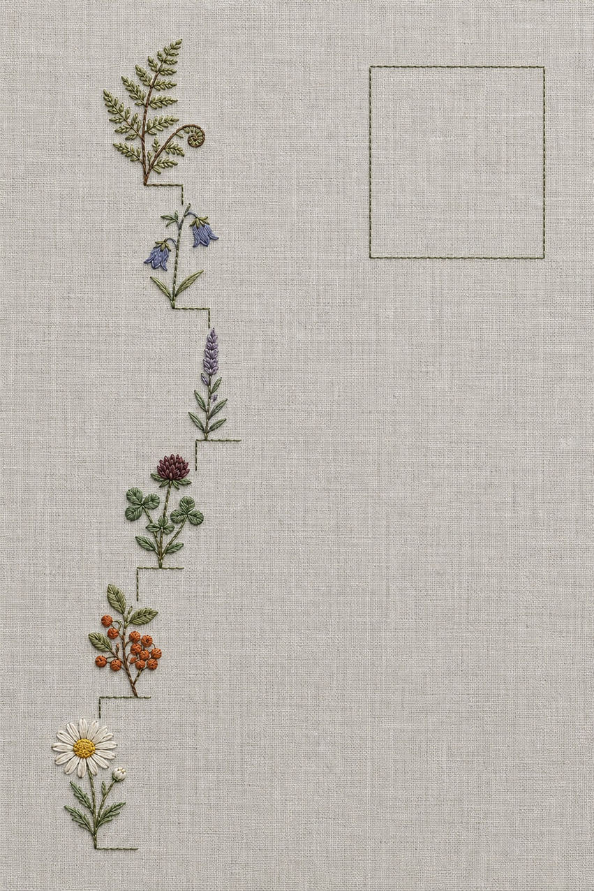 Illustrative embroidery design: Wildflowers climb a stepped left border beside an outlined area of clear linen.