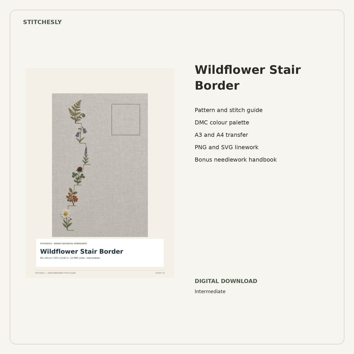 Wildflower Stair Border PDF stitch guide cover, pattern files and bonus needlework handbook.