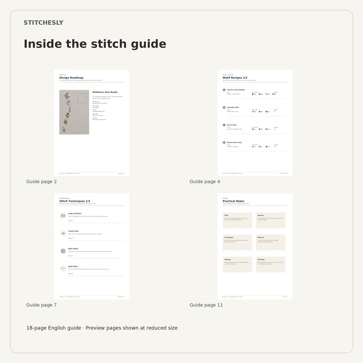 Four reduced-size preview pages from the 18-page Wildflower Stair Border stitch guide.