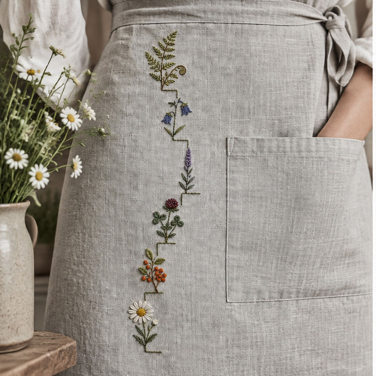 Linen apron mockup featuring the Wildflower Stair Border hand embroidery design. Wildflowers climb a stepped left border beside an outlined area of clear linen.